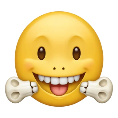 happy emoji with a yellow bone halfway out their mouth sticker