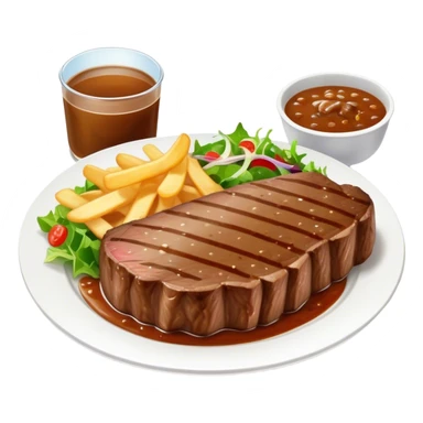 big juicy australian steak meal featuring chips, small salad in a ramiken and gravy  sticker
