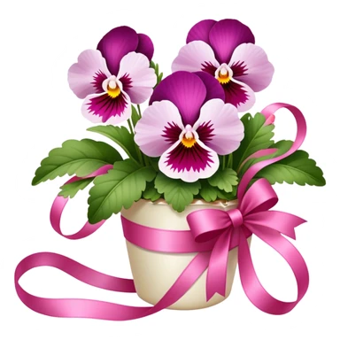 Delicate Orchid Pink pansies rest in a gentle arrangement, wrapped in a luxurious Wild Strawberry ribbon. The combination of soft florals and deep crimson elegance evokes timeless beauty." sticker