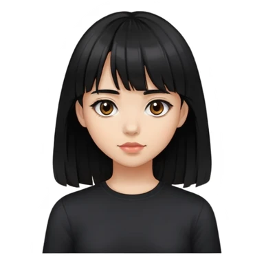 Make ai emoji of a girl with shoulder-length black hair, bangs, and very dark brown eyes. I want her wearing a black shirt. sticker