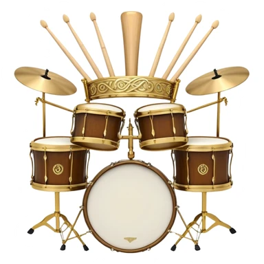 Create a complex, festive, and professional emblem-like emoji representing percussion instruments. The design should resemble a heraldic crest, featuring iconic drums and percussion such as a snare drum, bass drum, timpani, cymbals, marimba, and tambourine, arranged in a balanced and symmetrical composition. Drumsticks should cross elegantly at the center, symbolizing rhythm and energy. A flowing ribbon of musical notes should weave dynamically around the instruments, enhancing the celebratory and grand aesthetic. Ornate elements such as laurel wreaths, swirls, or subtle engravings should emphasize the prestige and importance of percussion in music. The color palette should include rich gold, deep mahogany, and silver, with refined highlights and shading for a polished, three-dimensional effect. The overall composition should be harmoniously structured, visually complete, and suitable as a standalone emblem. The background should be transparent. sticker