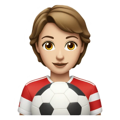 Pretty white woman with short brown hair holding a soccer ball and wearing an Arsenal jersey sticker