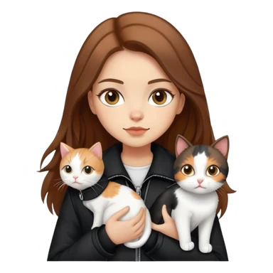 Light-skinned girl with brown hair wearing black jacket with white cat and calico cat sticker