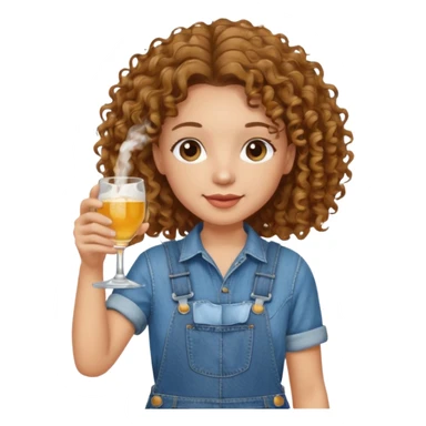 Curly haired curl with brown hair and light skin in overalls toasting with alcohol sticker