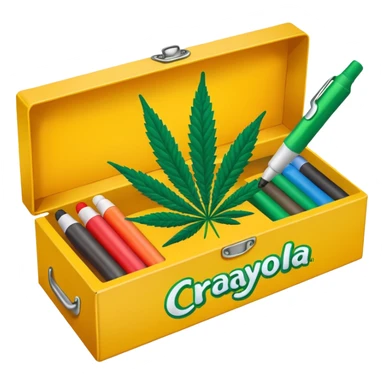 a box of crayola permanent markers with cannabis leaf sticker