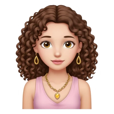 crée moi une jeune fille très belle avec les cheveux bouclés long brune avec un top  sans manche de couleur rose clair avec un peu de maquillage un collier en or sticker