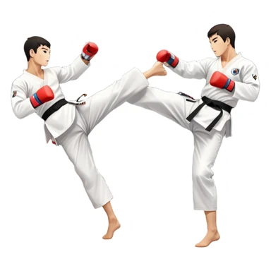 Two taekwondo fighters in traditional white doboks with black belts compete in a dynamic match. One delivers a high kick, while the other blocks using their knee. The background features a professional arena with bright lights and spectators. Transparent background. sticker