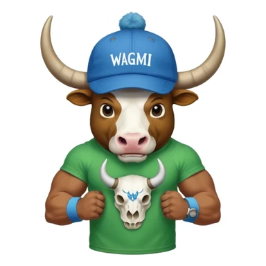 a bull wearing a green cap leveled WAGMI and wearing a blue t shirt and WAGMI designed with bulls skull and horn sticker