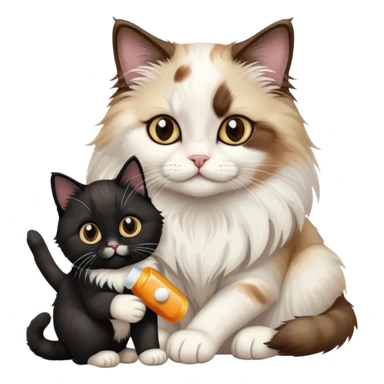 Adult ragdoll cat giving some pills to a black kitten sticker