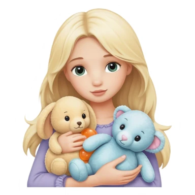 bashful blonde model cradling many cute jellycat stuffed animals sticker