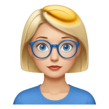 femme 40 ans cheveux très courts blond avec raie sur le coté, yeux bleu et lunettes rondes bleues sticker