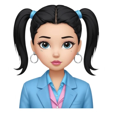 generate a pretty bratz girl with black hair tied up in a single ponytail. wearing a light blue full sleeve shirt and a black blazer over it. silver small hoops, pink lipgloss.  sticker