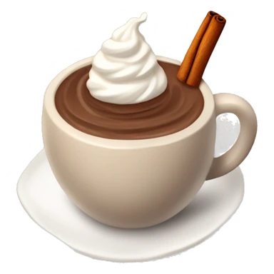 Hot coco with whip cream with cinnamon stick in a pottery myg sticker