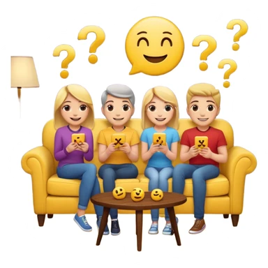group of friends on couch playing a trivia game couch should be deep dark yellow color.  include a small wooden table in front of the couch as well.  Add 1 smiling face emoji and 2 question marks above their heads sticker