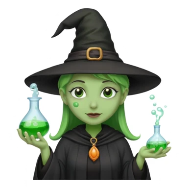 Witch with Green Skin – long-nosed witch in black hat holding potion sticker