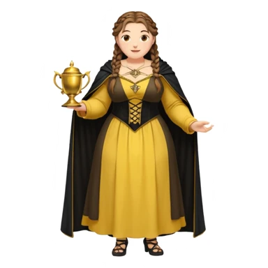 Helga Hufflepuff,brown-haired,2 braids,yellow-black medieval open dress,deep neckline,fat macromastia,black cloak decorated with gold braiding,gold cup with two handles,very kind smile,curvy busty sweet woman,round rosy cheeks,full length with medieval shoes sticker
