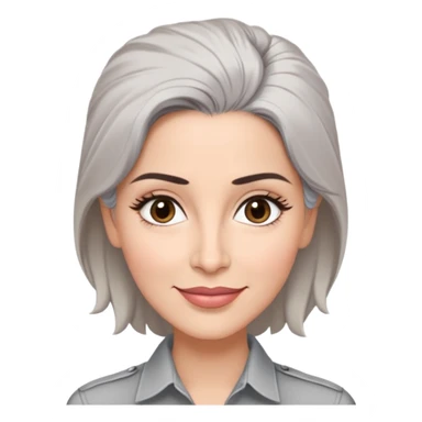 Puerto Rican actress Marian Pabón with elongated face, light pinkish skin, almond-shaped expressive eyes, straight nose, well-defined lips with wide smile, arched eyebrows, pronounced cheekbones, short spiky gray hair like a man's cut, wearing a white buttoned shirt sticker