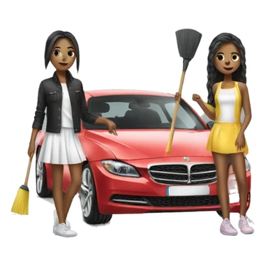 Two girls cleaning a expensive car with fashion clothes  sticker