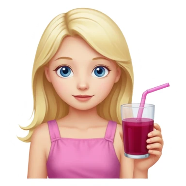 blonde girl with blue eyes in a pink dress sipping elderberry juice cheerful expression sticker