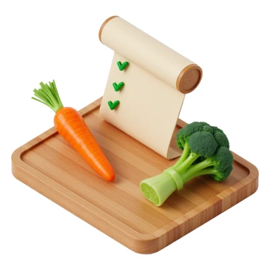 carrot tomato brocoli on the wooden cutting board with floating rolled paper list with green checkboxes sticker