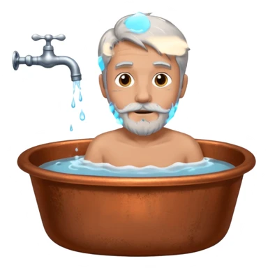Man with grey hair and grey beard in old copper bath with water running from taps sticker