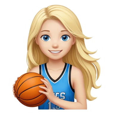 smiling girl with blue eyes and blonde long hair playing basketball with black and yellow jersey sticker