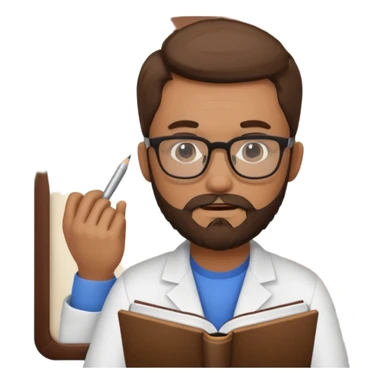 bearded man with glasses studying sticker