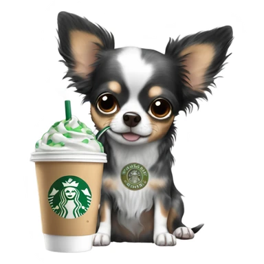 Black dapple fluffy Merle long hair chihuahua drinking Starbucks  sticker