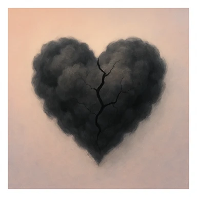 abstract heart emoji made of dark, swirling clouds, cracked, on a pastel gradient minimalist background, soft, conceptual style sticker