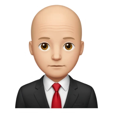 a bald man in a suit with a red tie sticker