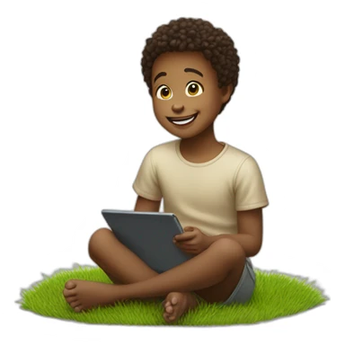 Portray the innocence of a child sitting on grass, captivated by a tablet, with a beaming happy face that radiates wonder and delighted. sticker