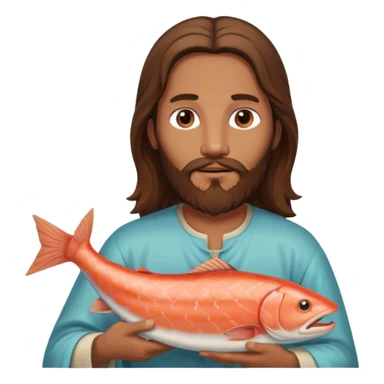 Jesus with long brown hair and a long beard holding a salmon sticker