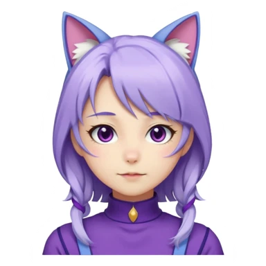 female anime character with long white and periwinkle hair and cat ears on her head. She is wearing a purple outfit with a high neckline and long sleeves.  sticker