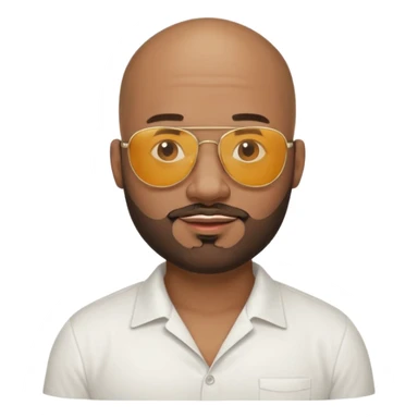 a black guy with a trimmed beard and he’s bald with sunglasses with a stubby neck and white shirt with a little smile and big lips sticker