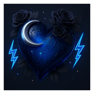 Create a dark blue glass heart, gothic style, with a silver crescent, midnight roses, holographic sparkles, neon lightning bolts, drenched and cracked glass. The style should emulate the 3D emoji style with a focus on depth and shine. sticker