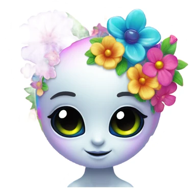 Lisa frank rainbow alien with big oval head and big black eyes with flowers sticker