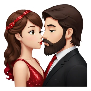 Guy with dark hair and a nice beard kissing a pretty girl with long brown hair that is curled. He is wearing an all black suit with a red tie and she is wearing a red sparkly dress sticker