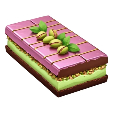 chocolate partially wrapped in elegant pastel pink foil, the top half broken to reveal rich pistachio cream and crispy kataifi strands inside, glossy chocolate surface, detailed texture sticker