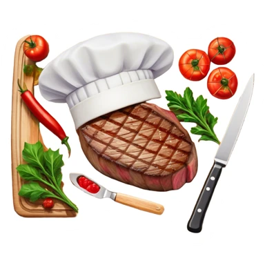 A photorealistic icon featuring a chef's hat, a cutting board with fresh ingredients, a knife, a plate with a well-plated dish, and a beautiful ribeye beef steak. Bright, detailed design with realistic textures and lighting. Transparent background, clearly symbolizing cooking and culinary arts. sticker