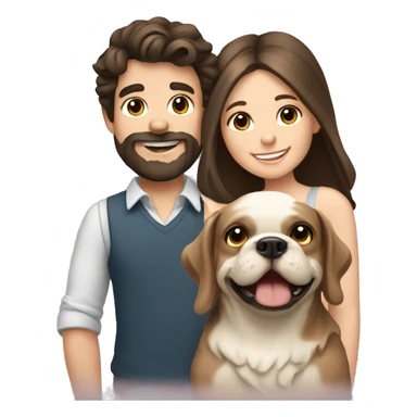 Brunette happy couple boy with beard and girl  with long hair with one cute beige French bull dog  sticker
