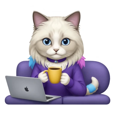 a cute blue eyed ragdoll cat wearing the dark violet sweater with yellow letteting "Milena" sitting on the grey sofa with grey laptop and drinking coffee sticker