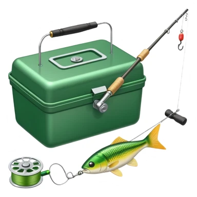 A fishing rod with reel and line neatly coiled beside a bait box. sticker