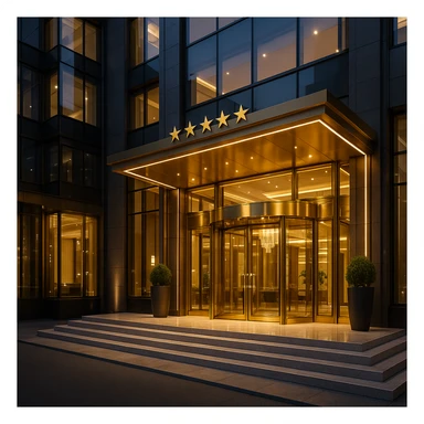 luxurious 5 star hotel, elegant, grand entrance, gold accents, modern architecture sticker