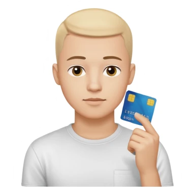 a 25 year old man thinking whit his hand forming an l shape on his chin whit short buzz cut hair whit a white t shirt and holding a credit card in his left hand make shure the card is medium sized so you can see it from a far make shure the caracther is big and a yellow background sticker