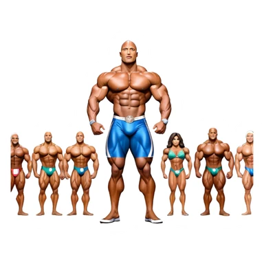 Dwayne Johnson, oiled and posing at the Mr. Universe bodybuilding championship, showcasing his muscular physique in an iconic display of strength. The background features the stage with judges and audience, capturing the intensity and prestige of the competition. Transparent background. sticker