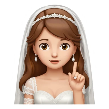 brown-haired bride in a white wedding dress and veil, curious expression, pointing to her head with her index finger, cute emoji style. sticker
