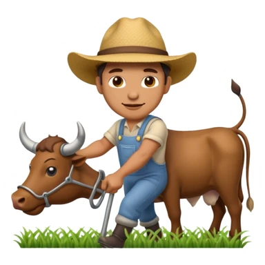 man plowing a field with oxen, emoji style sticker