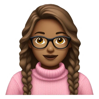 Girl with brown hair and black glasses frame and pink sweater is working behind laptop sticker