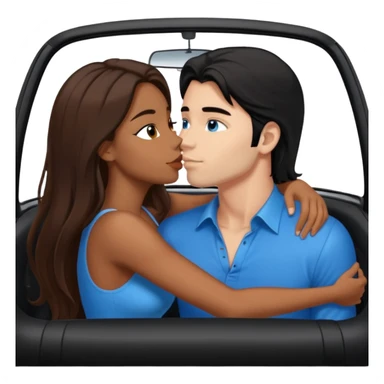 Brown sexy girl with brown eyes long brown hair and sexy white man with black hair blue eyes kissing in car sticker