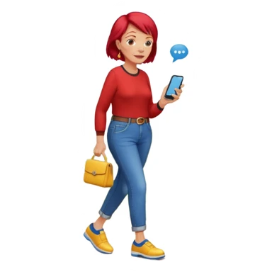 An old lady with red hair, wearing a red shirt, blue jeans, yellow shoes walking in a park holding a cell phone with a text bubble that says Have you checked in to the meetup? sticker